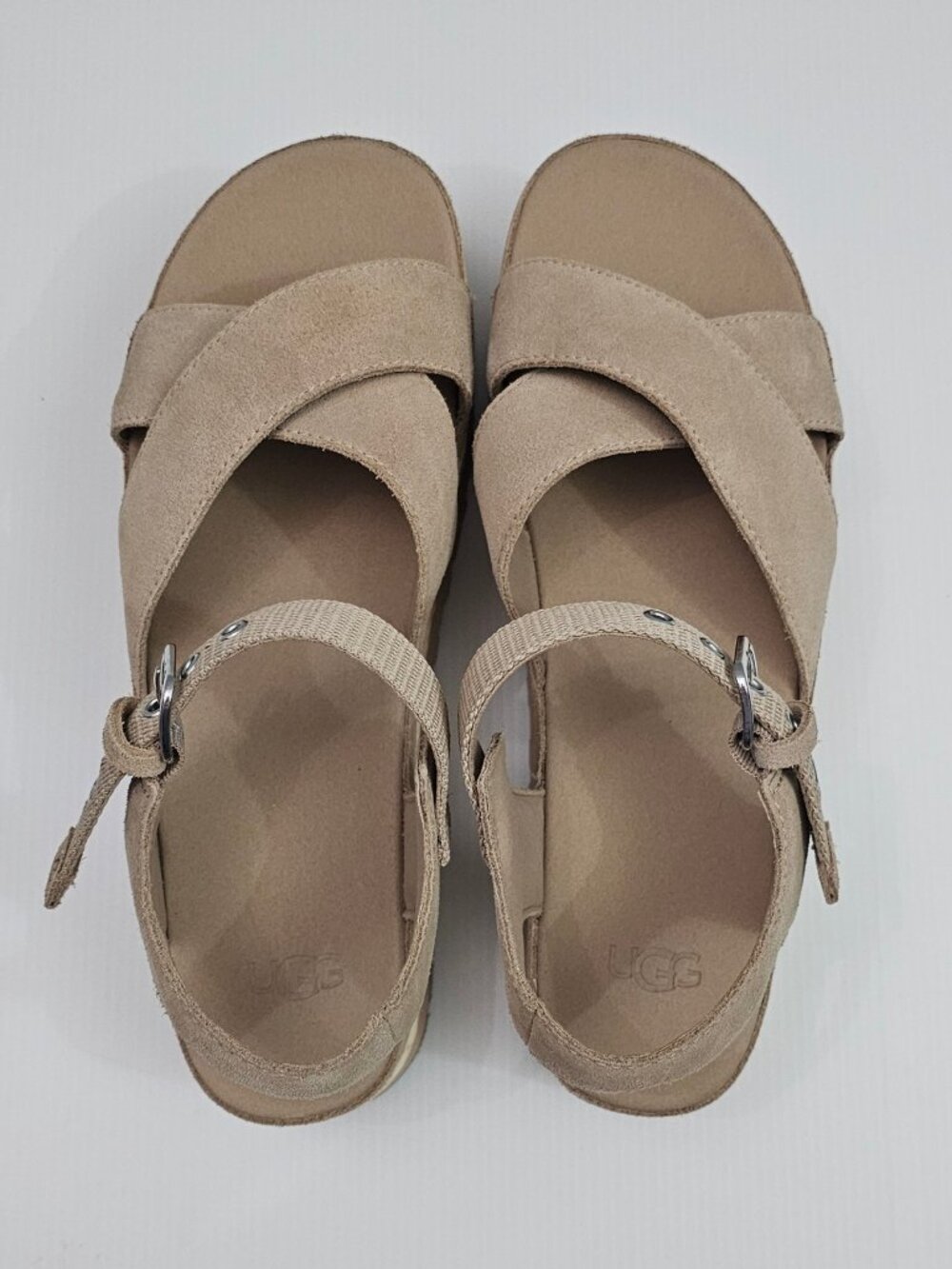UGG Aubrey Raffia Platform Sandals Womens 11 Beige Sand Suede Ankle Strap NEW - Picture 10 of 16